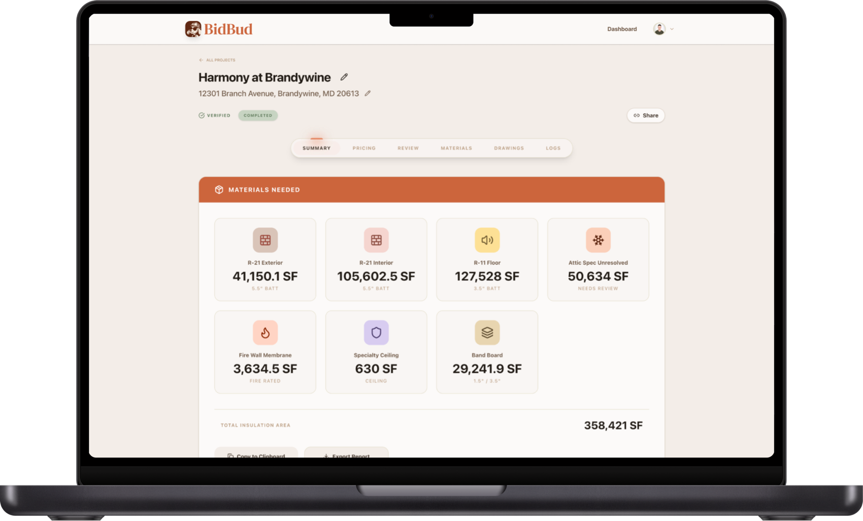 BidBud contractor dashboard — Harmony at Brandywine