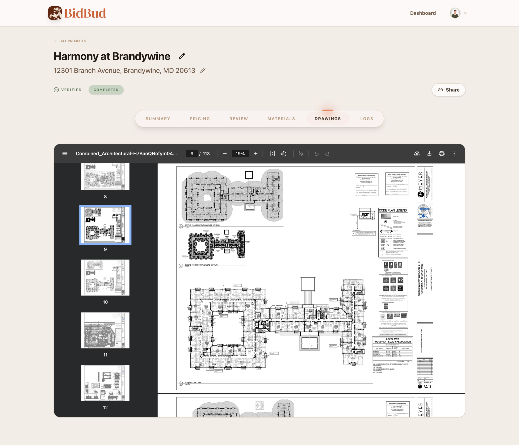 BidBud dashboard — Harmony at Brandywine blueprint analysis