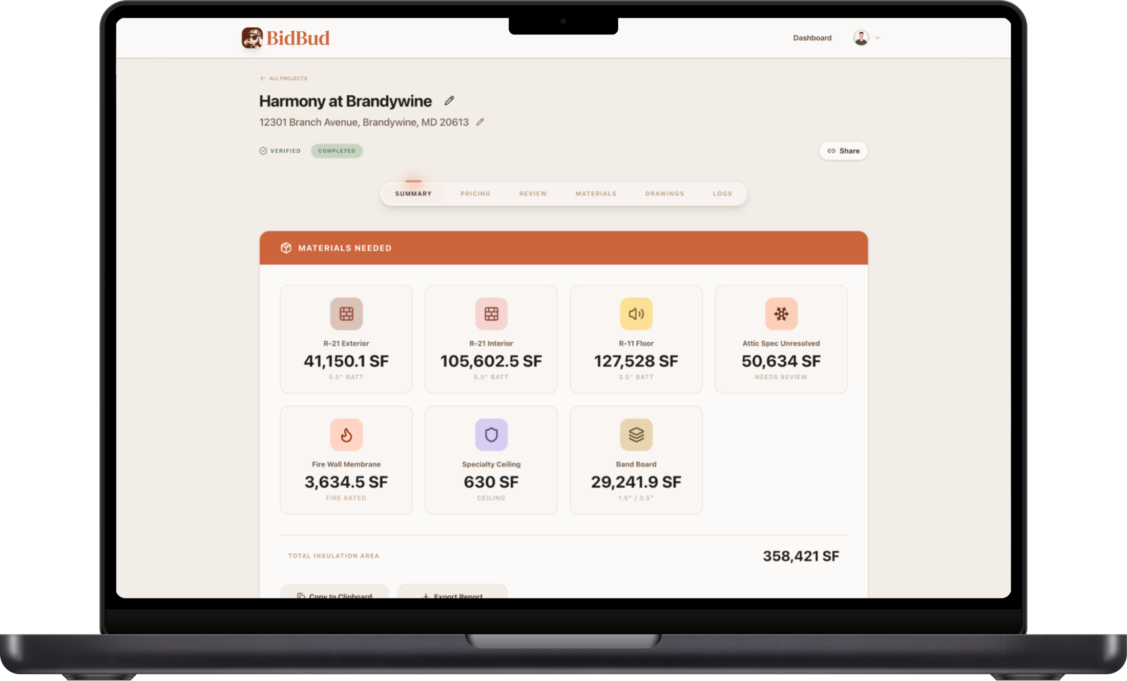BidBud contractor dashboard — Harmony at Brandywine project