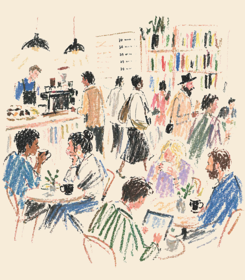 Hand-drawn sketch of a busy cafe