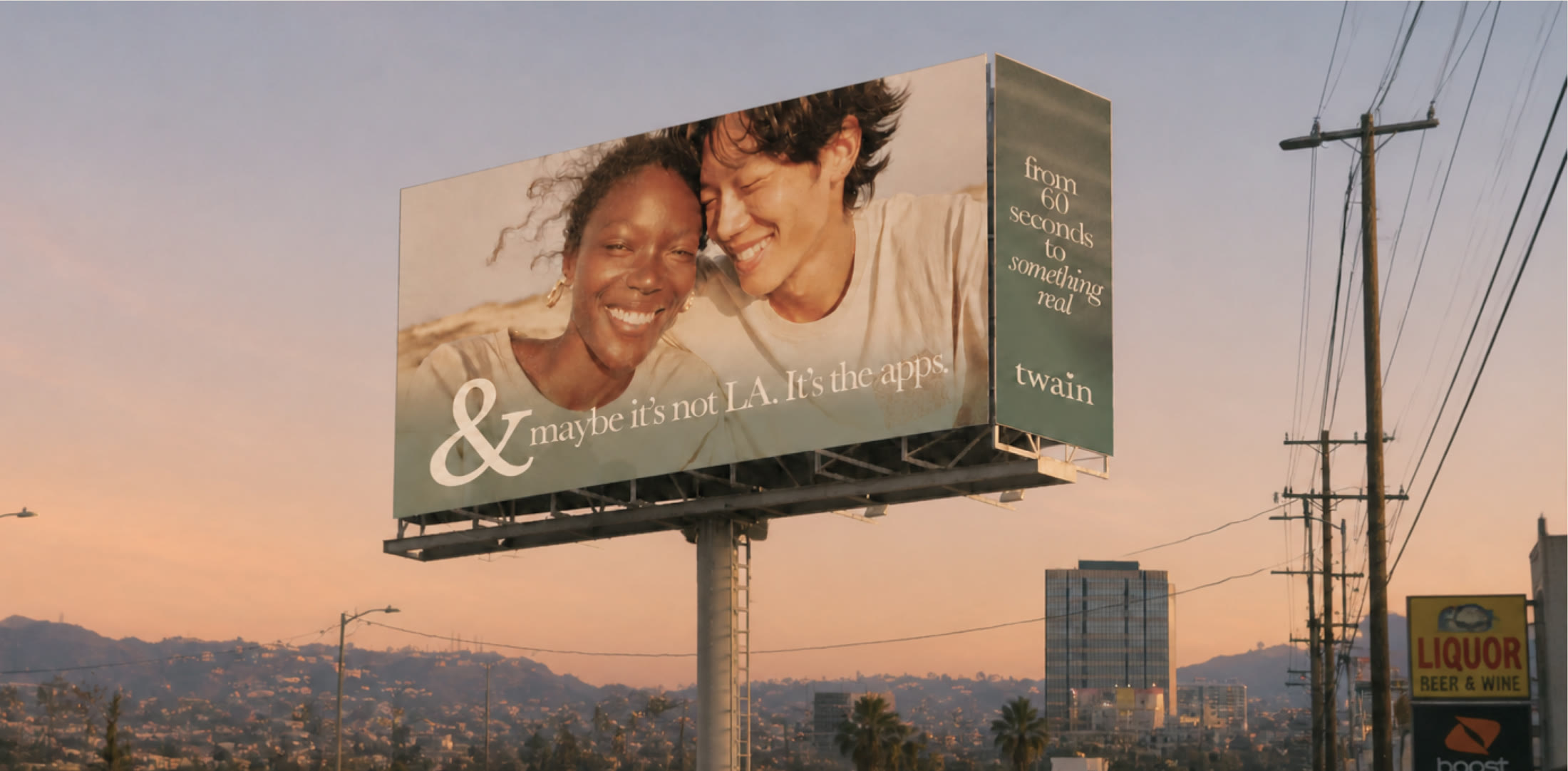 twain highway billboard at golden hour — 'from 60 seconds to something real'